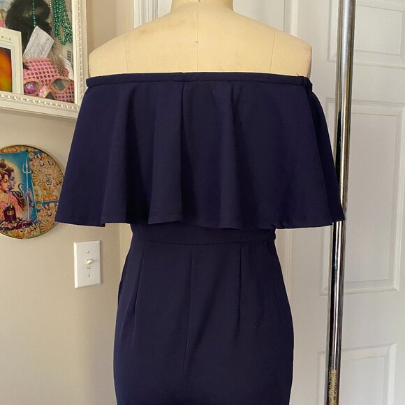 DYNAMITE Navy Cape Off-Shoulder MOD Skinny Leg ROMPER Jumpsuit *X-SMALL* - Picture 6 of 7